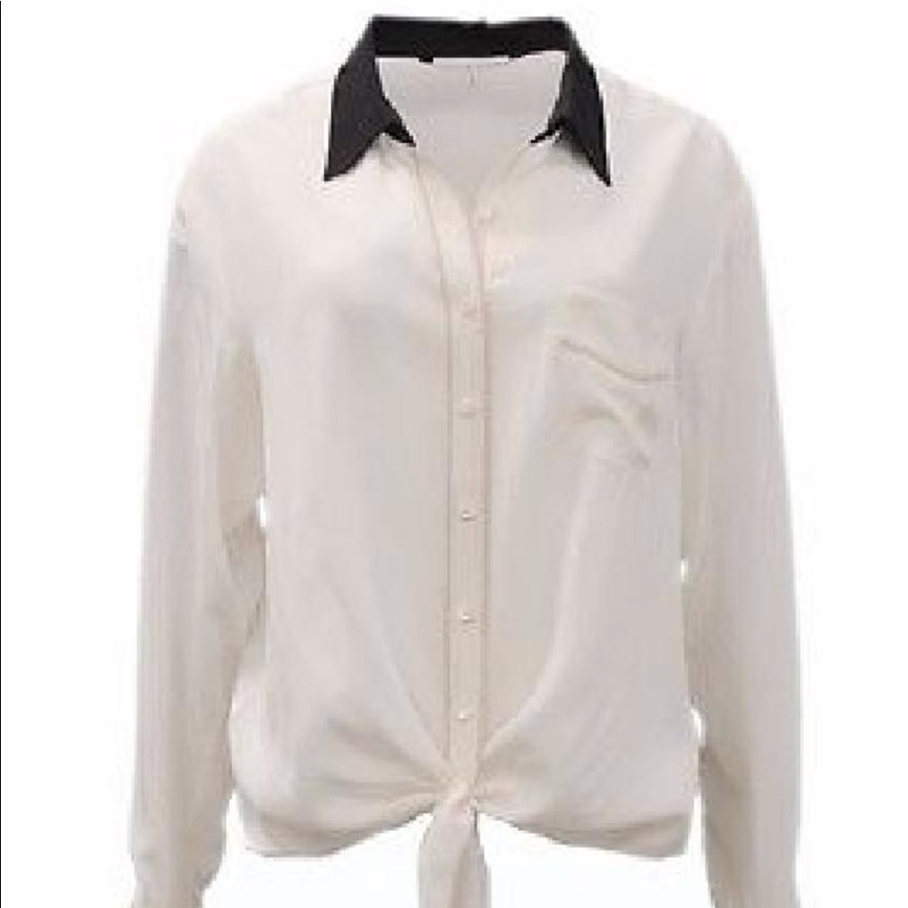 Trina Turk whitewash top- black collar, tie waist
